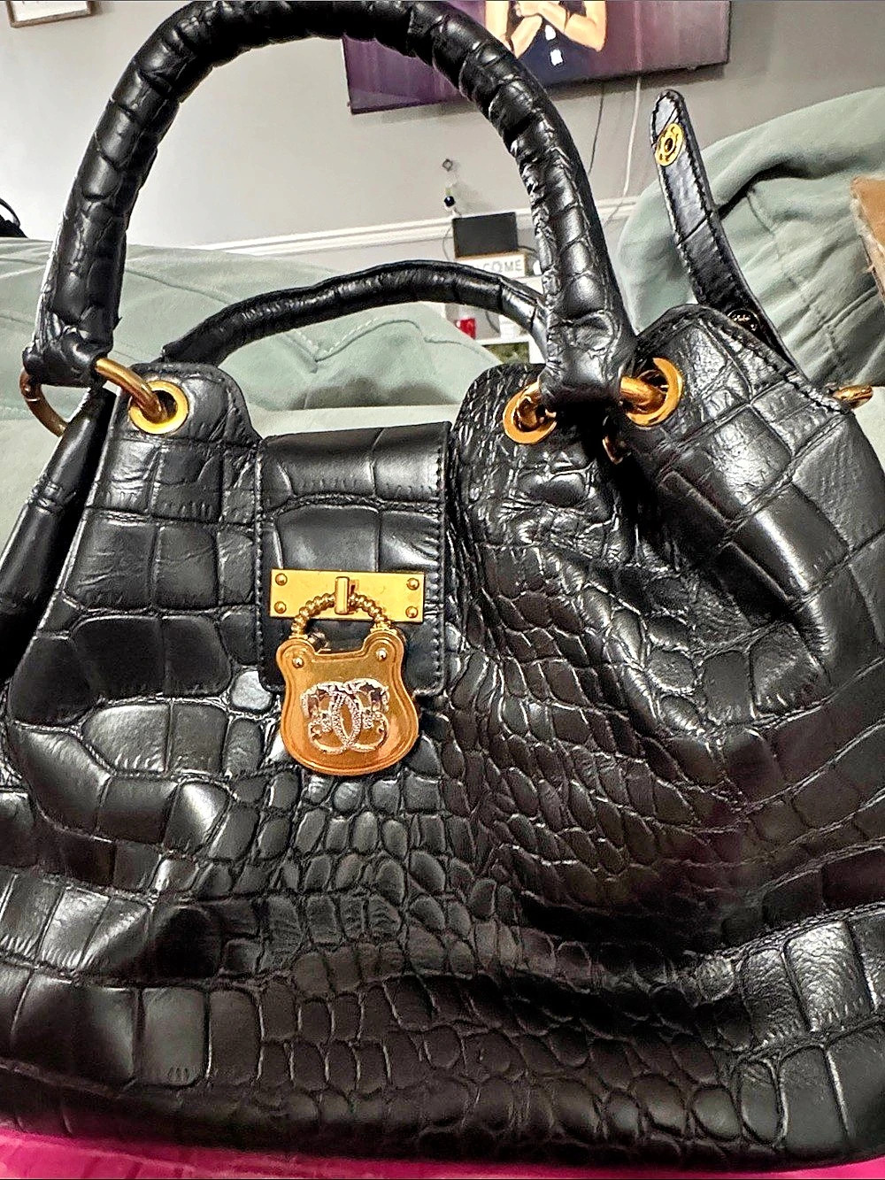 Sharif Legacy Croco Embossed Setosa Leather City Hand Bag Purse